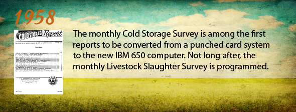 1958 - The monthly Cold Storage Survey is among the first reports to be converted from a punched card system to the new IBM 650 computer. Not long after, the monthly Livestock Slaughter Survey is programmed.