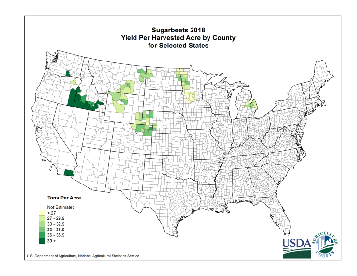 Sugarbeets: Yield per Harvested Acre by County