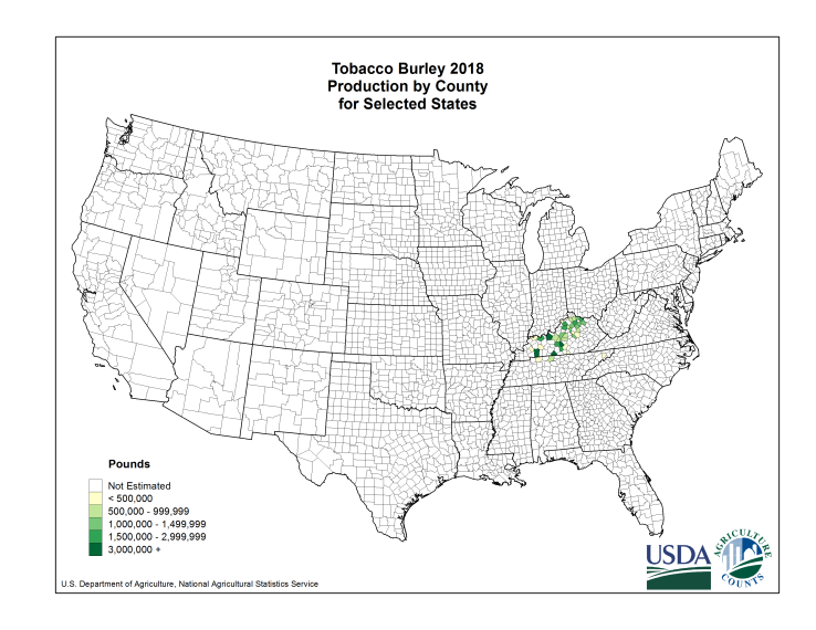 Tobacco Burley: Production per Harvested Acre by County