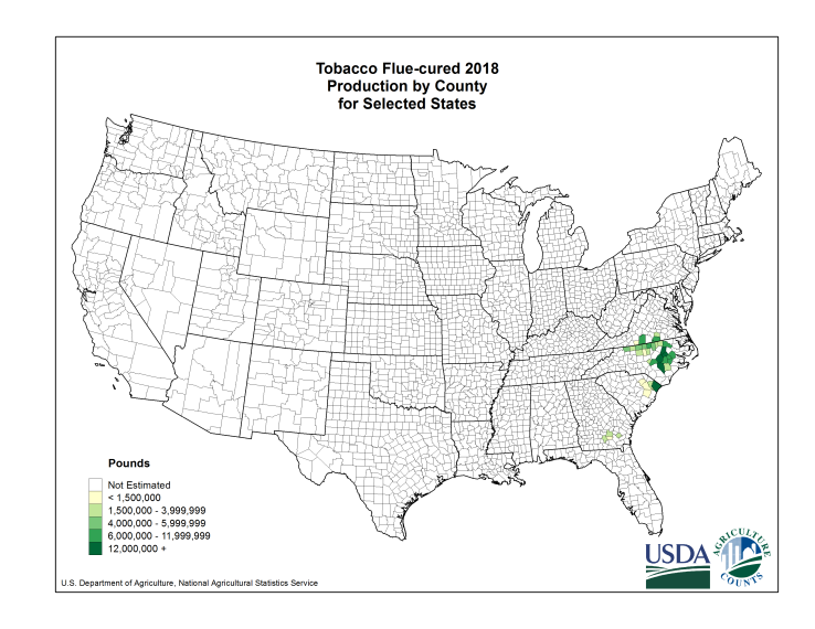 Tobacco Flue-cured: Production per Harvested Acre by County